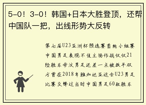 5-0！3-0！韩国+日本大胜登顶，还帮中国队一把，出线形势大反转